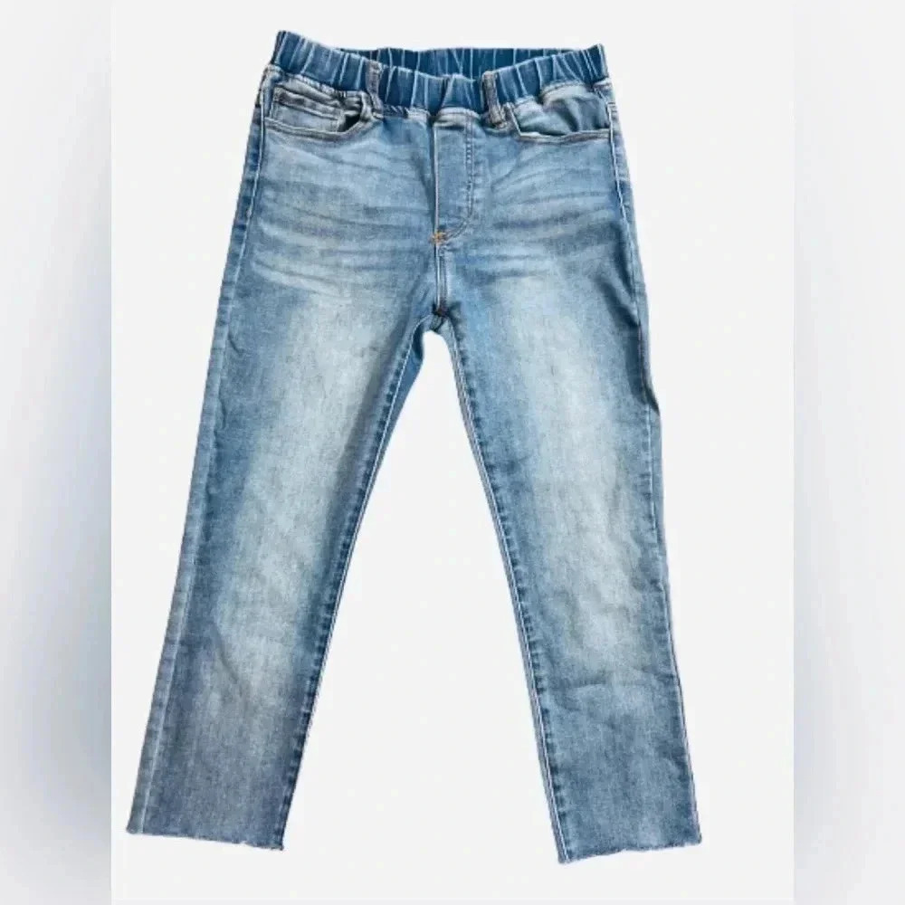 GRACE & LACE CROPPED DENIM JEANS BLUE LIGHT FADE‎ STRETCH WAIST FRAYED SIZE 6
